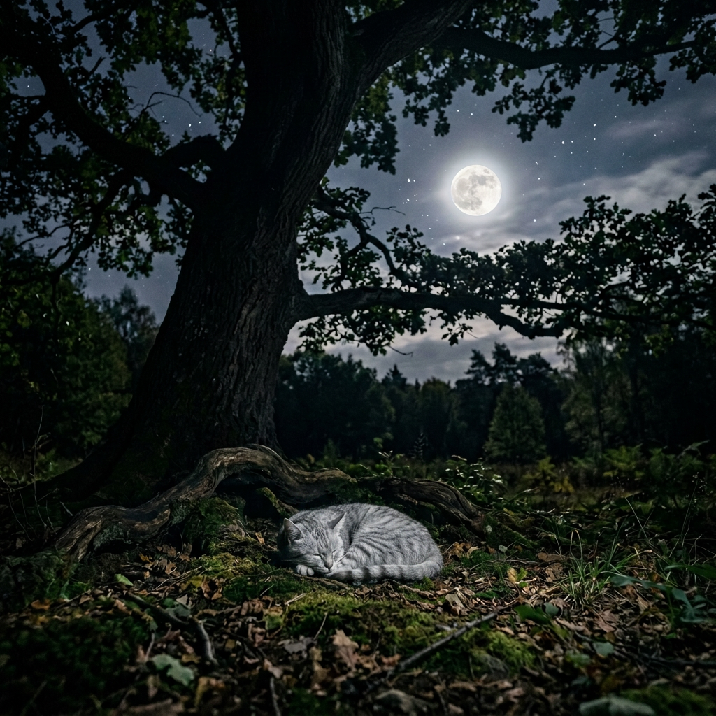 Gray tabby cat lying on moss under a large tree at night with a full moon and stars in the sky